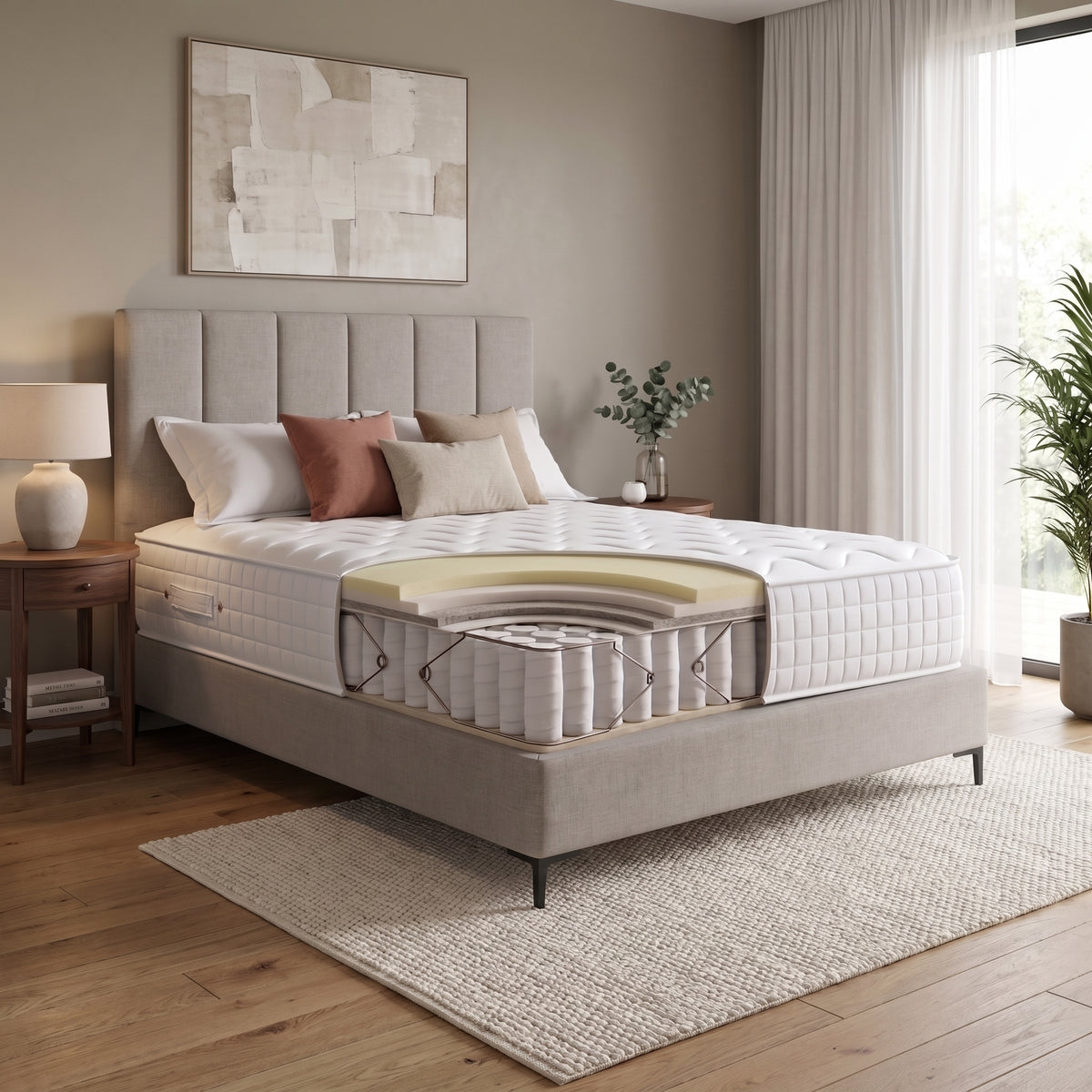 Origins Lux double hybrid mattress cutaway showing memory foam and comfort layers above pocket springs in a calm contemporary bedroom