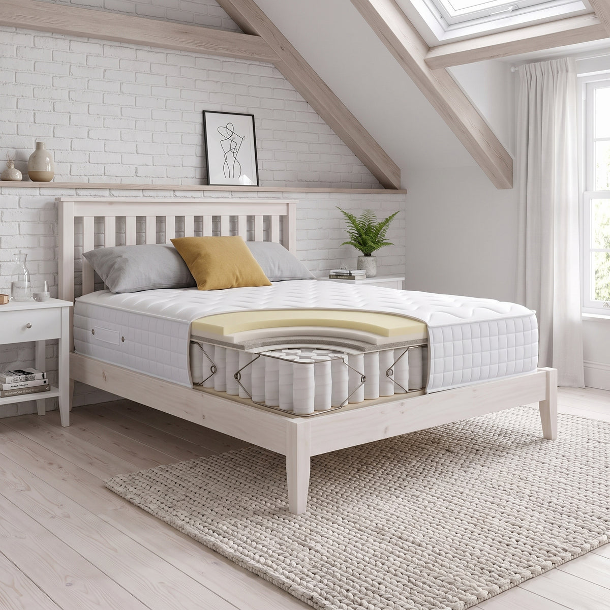 Origins Lux Elevate medium soft hybrid mattress cutaway showing memory foam and comfort layers above pocket springs in a bright modern bedroom.