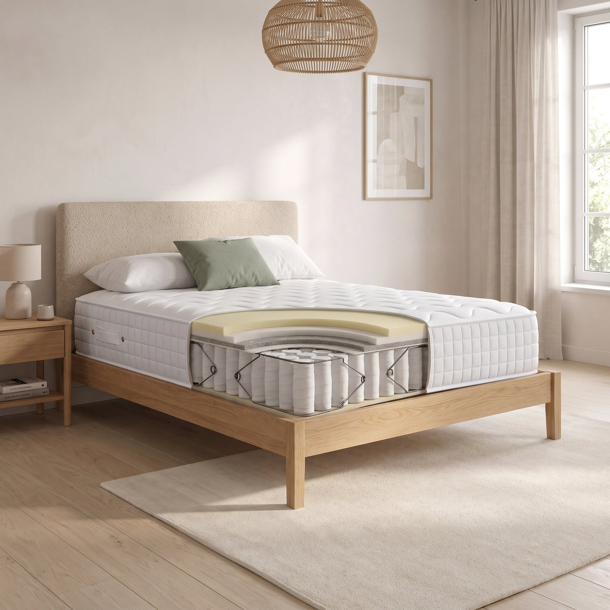 Origins Lux firmrest orthopaedic hybrid mattress cutaway showing memory foam and comfort layers above pocket springs in a modern bedroom.