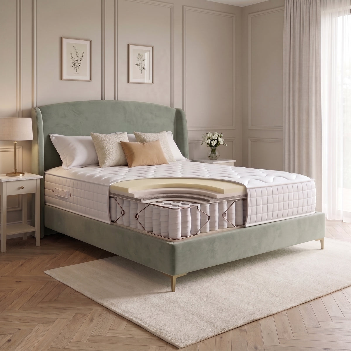 Origins Lux king size hybrid mattress cutaway showing memory foam and comfort layers above pocket springs in an elegant boutique-style bedroom