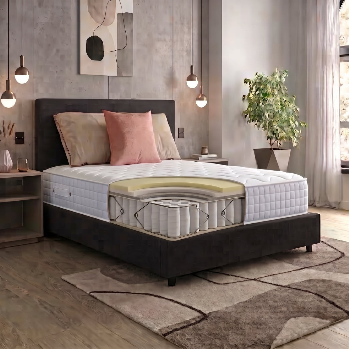 Illustrative cutaway of the Origins Lux Prestige medium firm hybrid mattress showing memory foam comfort layers above pocket springs