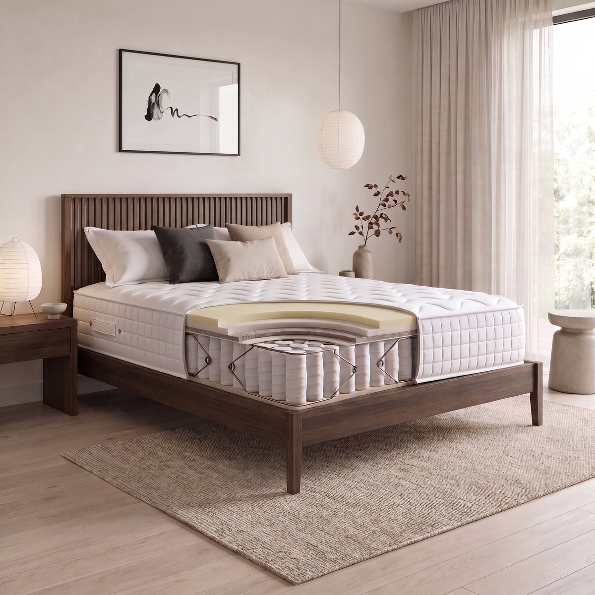 Origins Lux small double hybrid mattress cutaway showing memory foam and comfort layers above pocket springs in a calm Japandi bedroom.